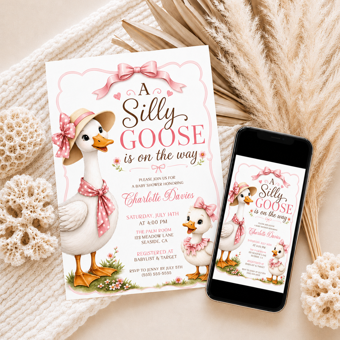 Editable silly goose baby shower invitation Canva template with illustrated mama goose in straw hat and polka dot bow, baby gosling with pink ruffle bow, wildflowers, and satin pink bow frame on a white background