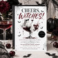 Cheers Witches Halloween party invitation with glamorous ghost in coupe glass, dark red cocktail, cherries, bats, spiderwebs, and adult Halloween party details