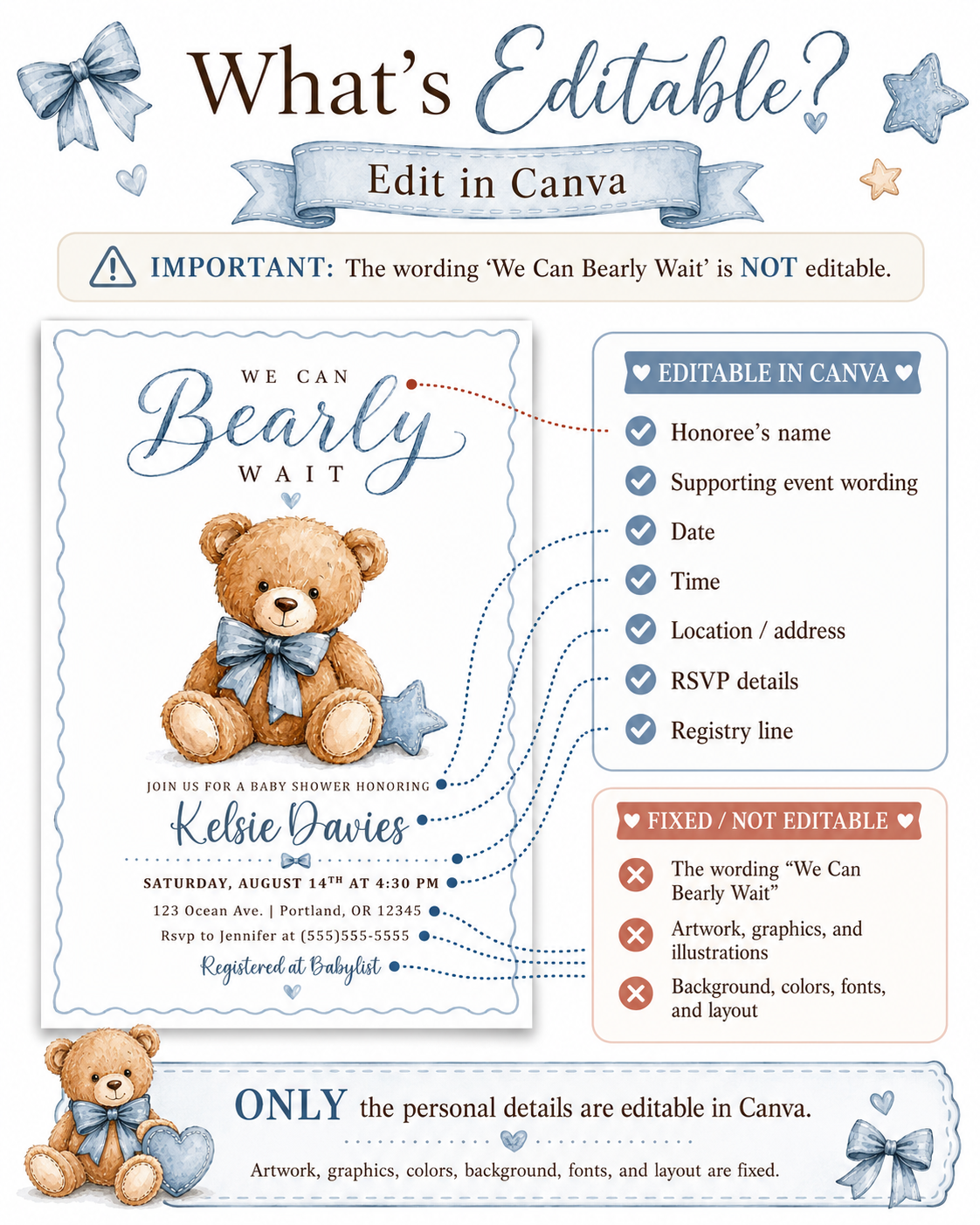 We can bearly wait baby shower invitation with watercolor teddy bear, blue bow tie, stitched star pillow, scalloped border, and soft blue baby boy details