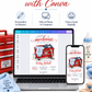 Little mechanic baby shower invitation with red tool chest, wrench, baby overalls, bodysuit, bottle, and garage-themed baby boy shower details