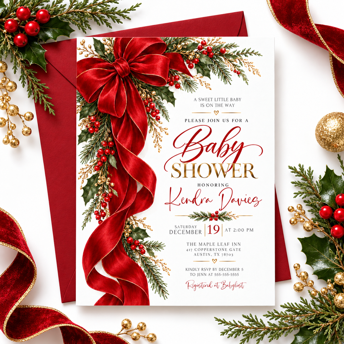 Christmas baby shower invitation with a large red bow and flowing ribbon, green holly, red berries, evergreen branches, and gold lettering on a white background
