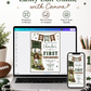Football first birthday invitation with toddler football player, scoreboard, helmet, footballs, pennant banner, stars, field details, and green brown varsity style