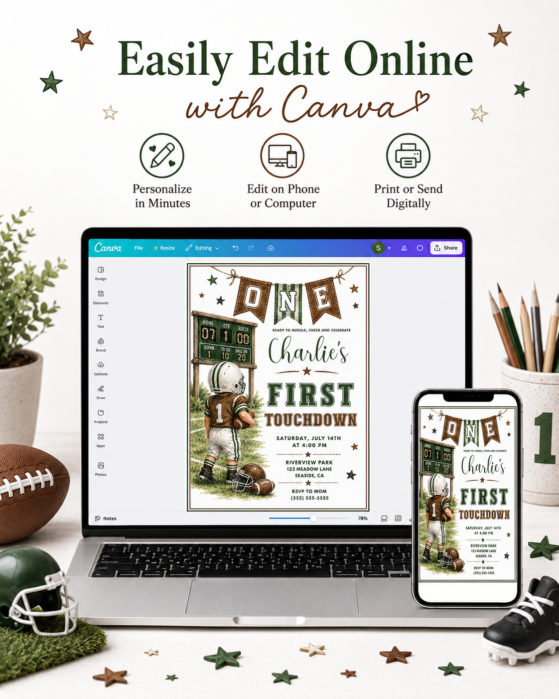 Football first birthday invitation with toddler football player, scoreboard, helmet, footballs, pennant banner, stars, field details, and green brown varsity style