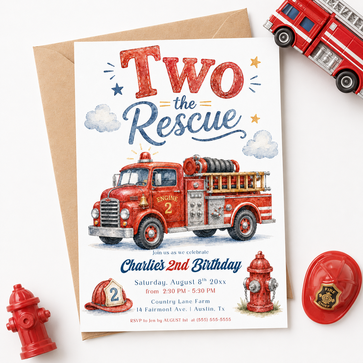 Two the Rescue second birthday invitation featuring a red fire truck, firefighter helmet, fire hydrant, clouds and stars in red, blue and gold.