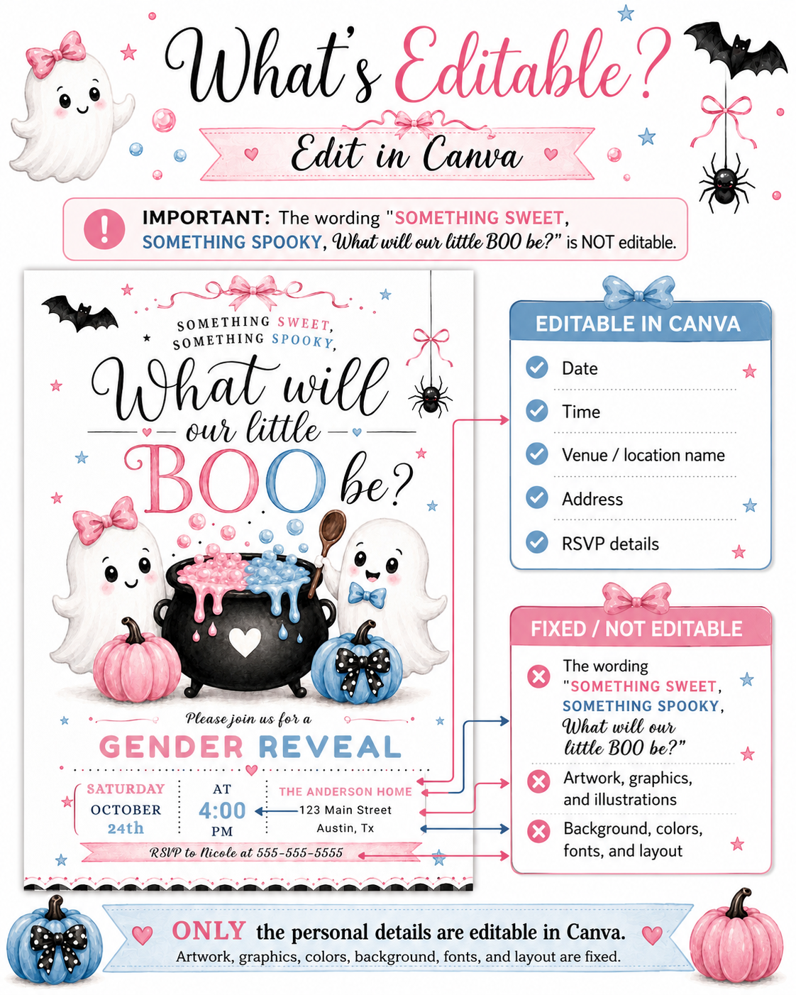 Halloween gender reveal invitation with cute ghosts, pink and blue pumpkins, bubbling cauldron, bats, spider, bows, stars, and pink blue little boo details