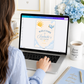 Editable here comes the son baby shower welcome sign Canva template with smiling sun, blue toy airplane, fluffy clouds, arched navy typography, and flowing script on a warm cream background