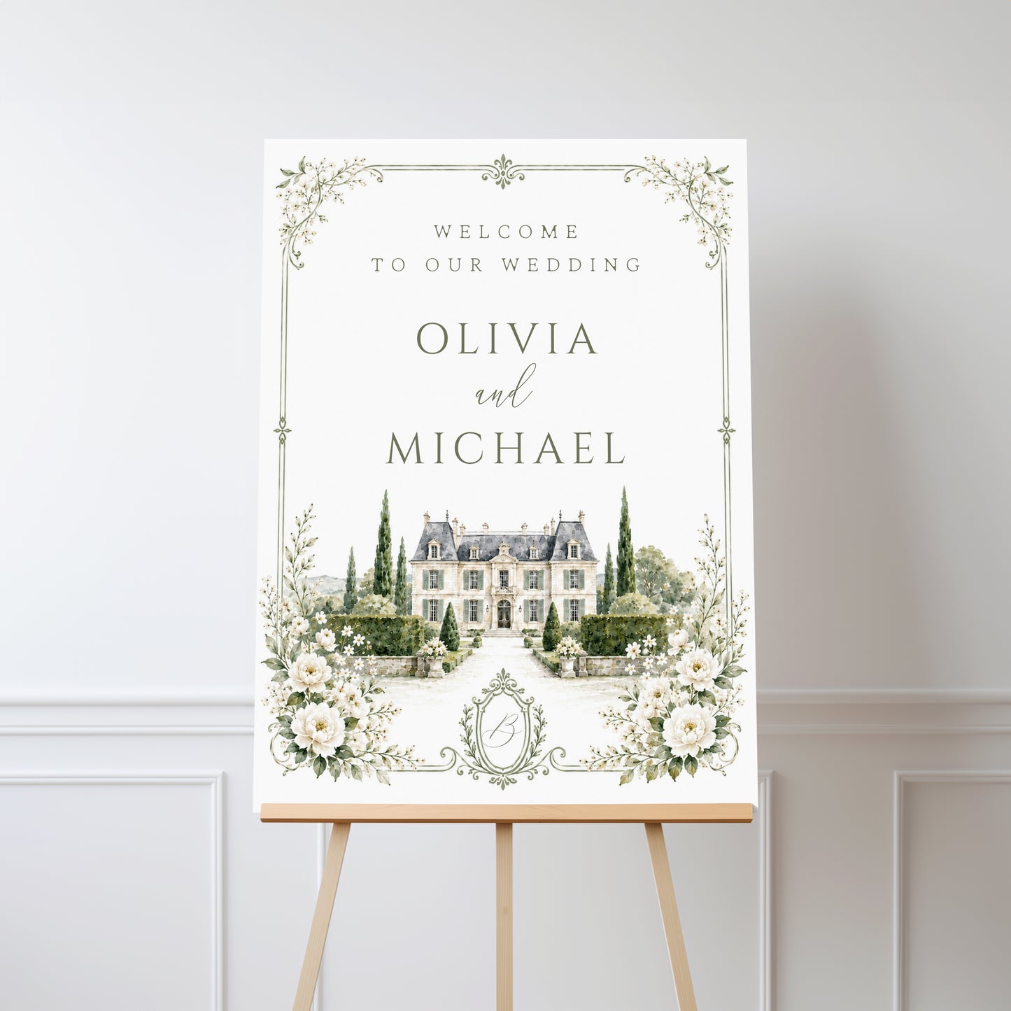 Editable garden estate wedding welcome sign Canva template with watercolour venue illustration, botanical border, and sage green tones
