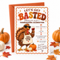 Thanksgiving dinner invitation with Let’s Get Basted headline, cartoon turkey wearing sunglasses and holding a wine glass, and fall pumpkins