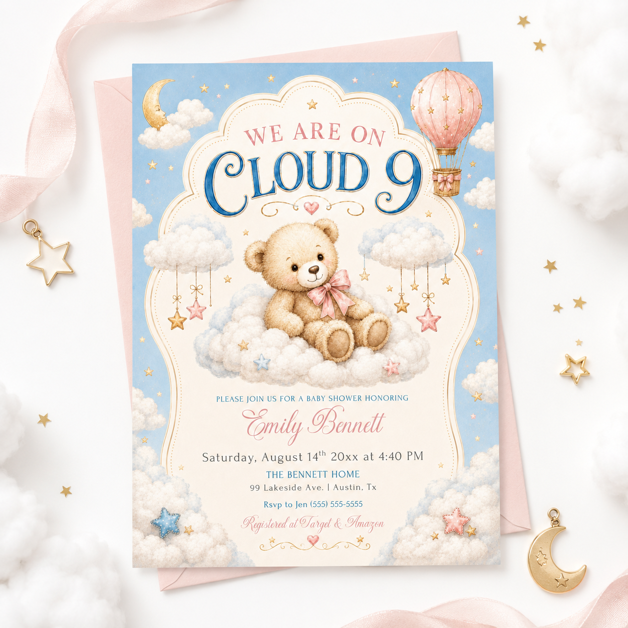 Cloud 9 baby shower invitation with a teddy bear on a cloud, hot air balloon, and stars in soft blue, pink, and gold