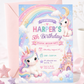 Unicorn fifth birthday invitation featuring pastel unicorns, a rainbow, fluffy clouds, gold stars, crescent moon and pink fairytale castle.
