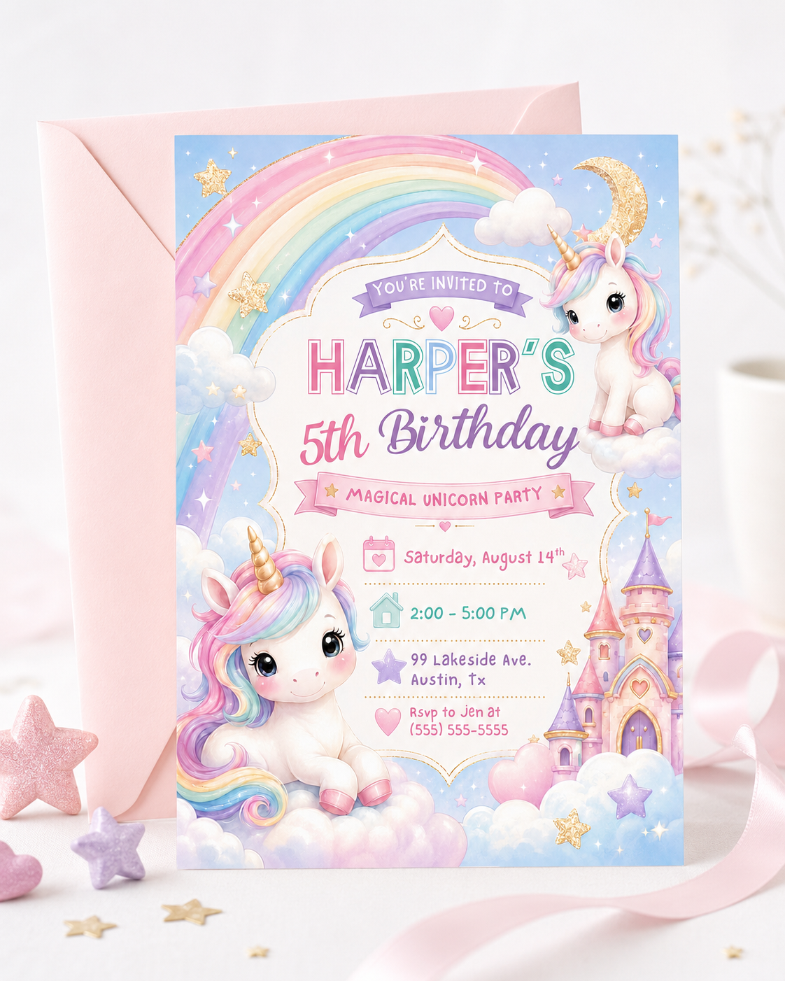 Unicorn fifth birthday invitation featuring pastel unicorns, a rainbow, fluffy clouds, gold stars, crescent moon and pink fairytale castle.
