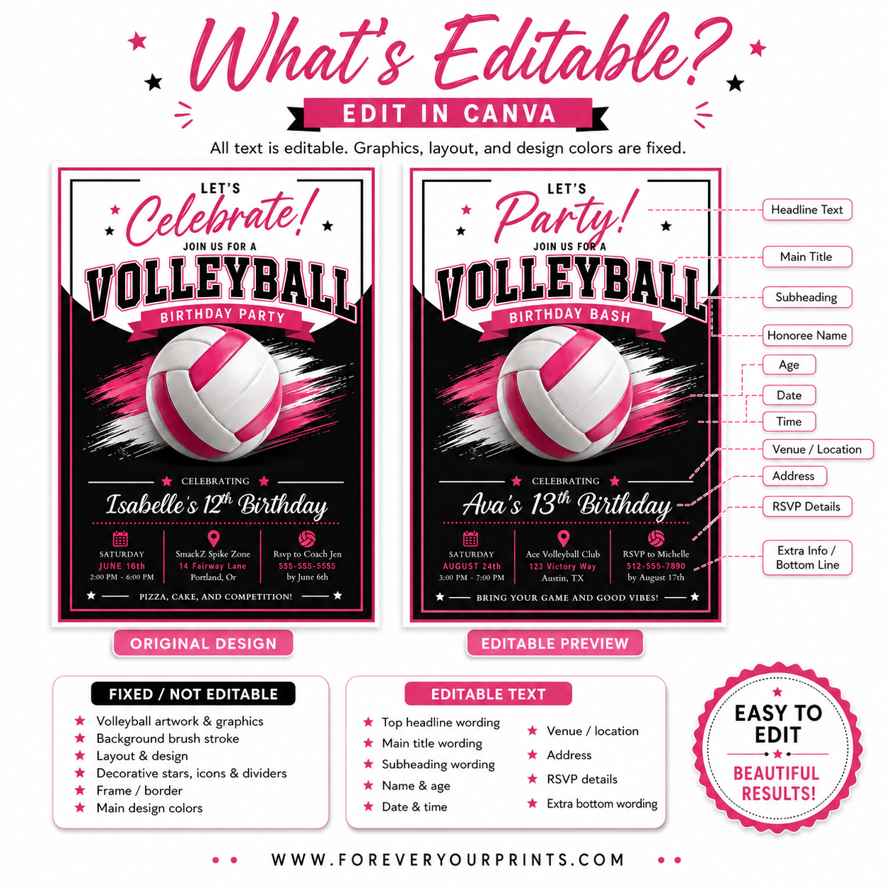 Pink volleyball birthday invitation with a pink and white volleyball and brush strokes in pink, black, and white