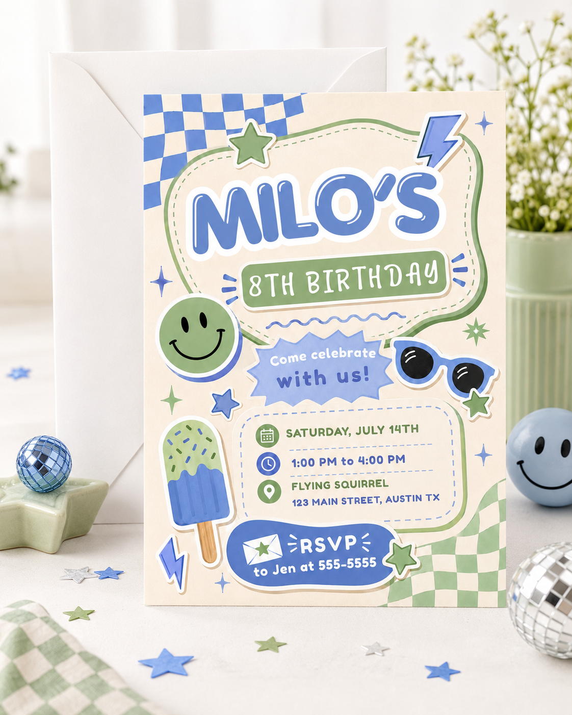 Boys retro birthday invitation in blue and green featuring a smiley face, sunglasses, checkerboard patterns, stars, lightning bolts and a popsicle.