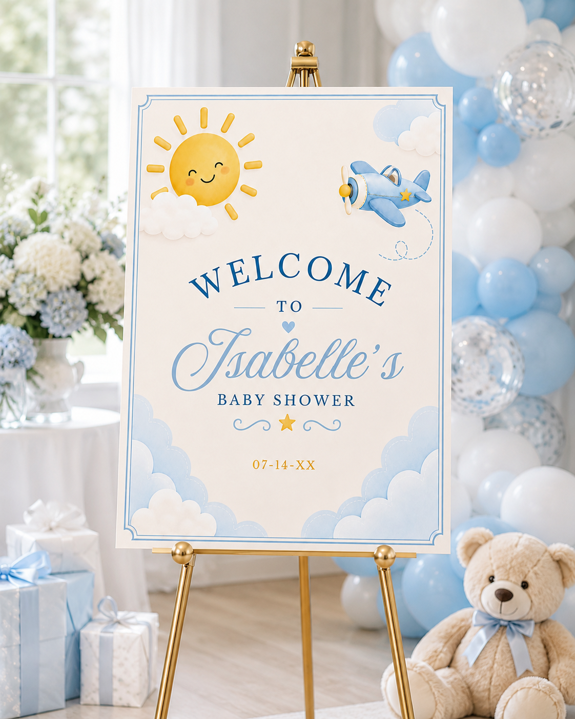 Editable here comes the son baby shower welcome sign Canva template with smiling sun, blue toy airplane, fluffy clouds, arched navy typography, and flowing script on a warm cream background