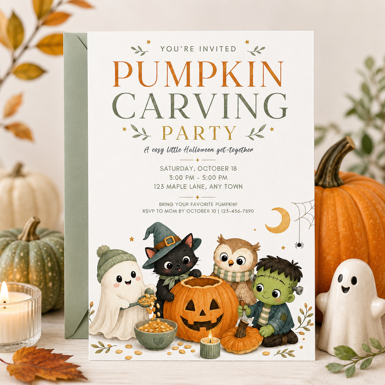 Pumpkin carving party invitation with ghost, black cat, owl, Frankenstein, carved pumpkin, and cute Halloween party details