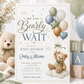 We can bearly wait baby shower invitation with a teddy bear and balloons in sage green, dusty blue, and gold