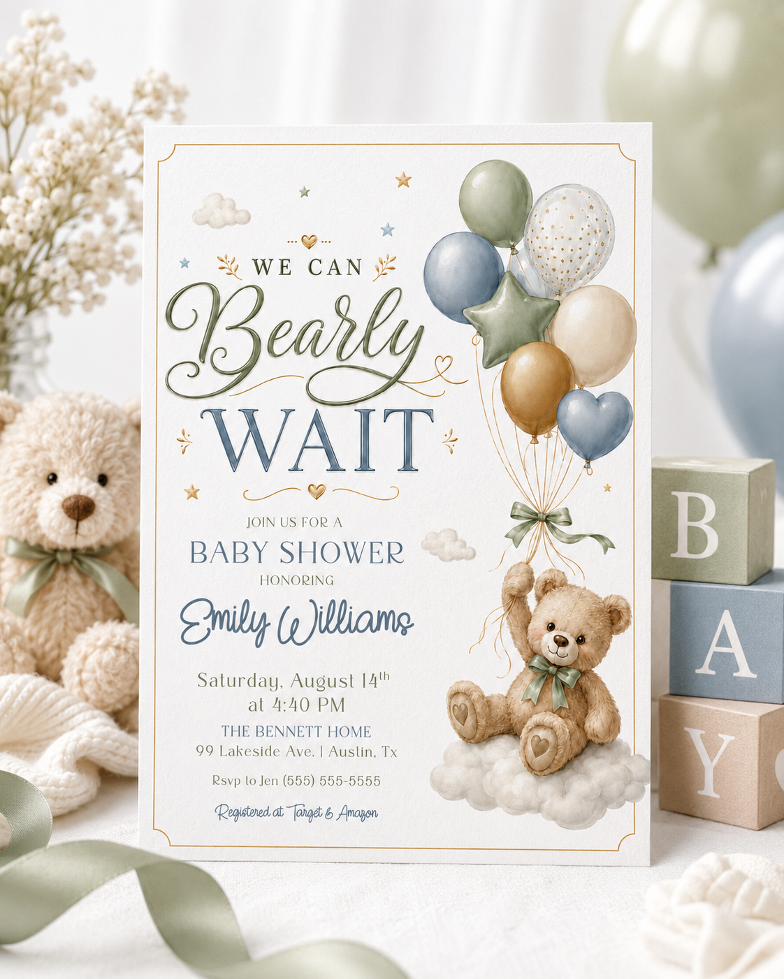 We can bearly wait baby shower invitation with a teddy bear and balloons in sage green, dusty blue, and gold