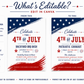 Editable 4th of July backyard BBQ bash invitation Canva template with navy and red brushstroke flag elements, distressed red display lettering, BBQ grill icon, fireworks graphic, and flowing script on a white background
