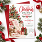 Christmas pajama party invitation with a lighted Christmas tree, red bows, cozy armchair and blanket, hot cocoa, wrapped gifts, and fluffy Santa slippers
