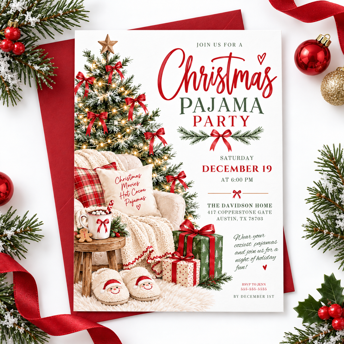 Christmas pajama party invitation with a lighted Christmas tree, red bows, cozy armchair and blanket, hot cocoa, wrapped gifts, and fluffy Santa slippers