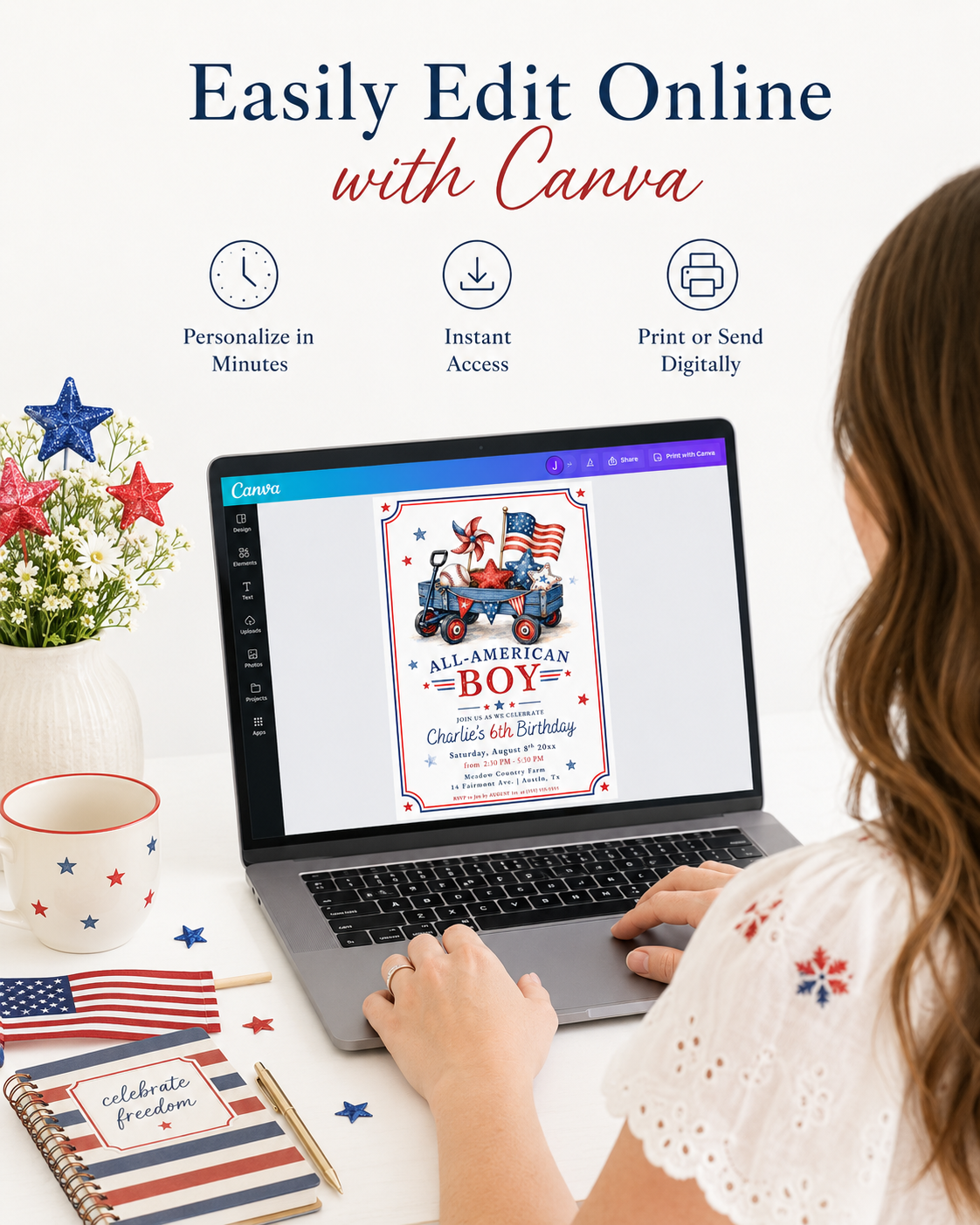 All-American boy birthday invitation featuring a wagon, American flag, baseball and stars in red, white and blue.
