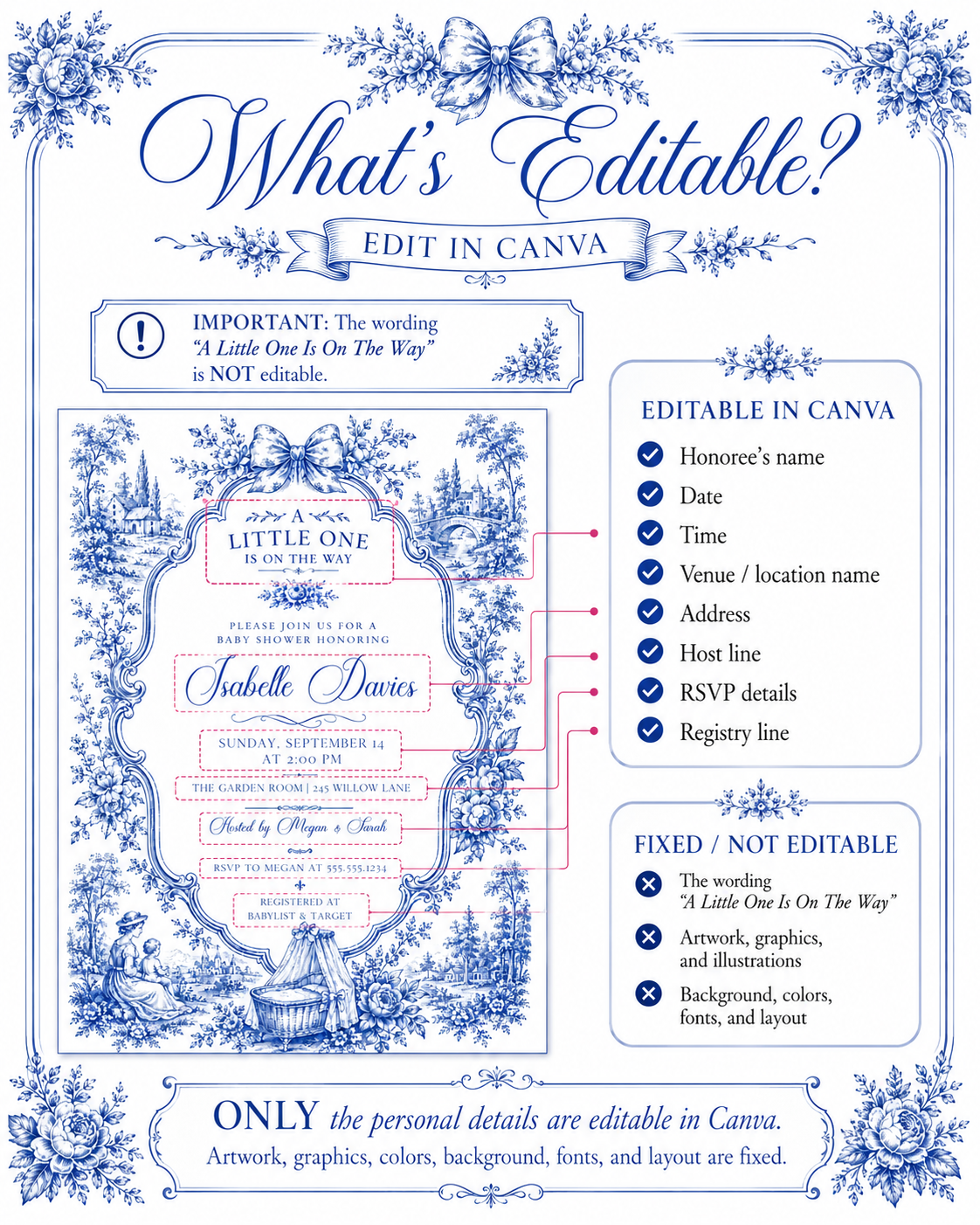 Blue toile baby shower invitation with ornate floral frame, bow, baby carriage, rocking horse, countryside scene, and elegant royal blue vintage details