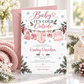 Baby It’s Cold Outside baby shower invitation with pink knit baby clothes, snowflakes, pink bows, pine branches, pinecones, and winter baby girl shower details