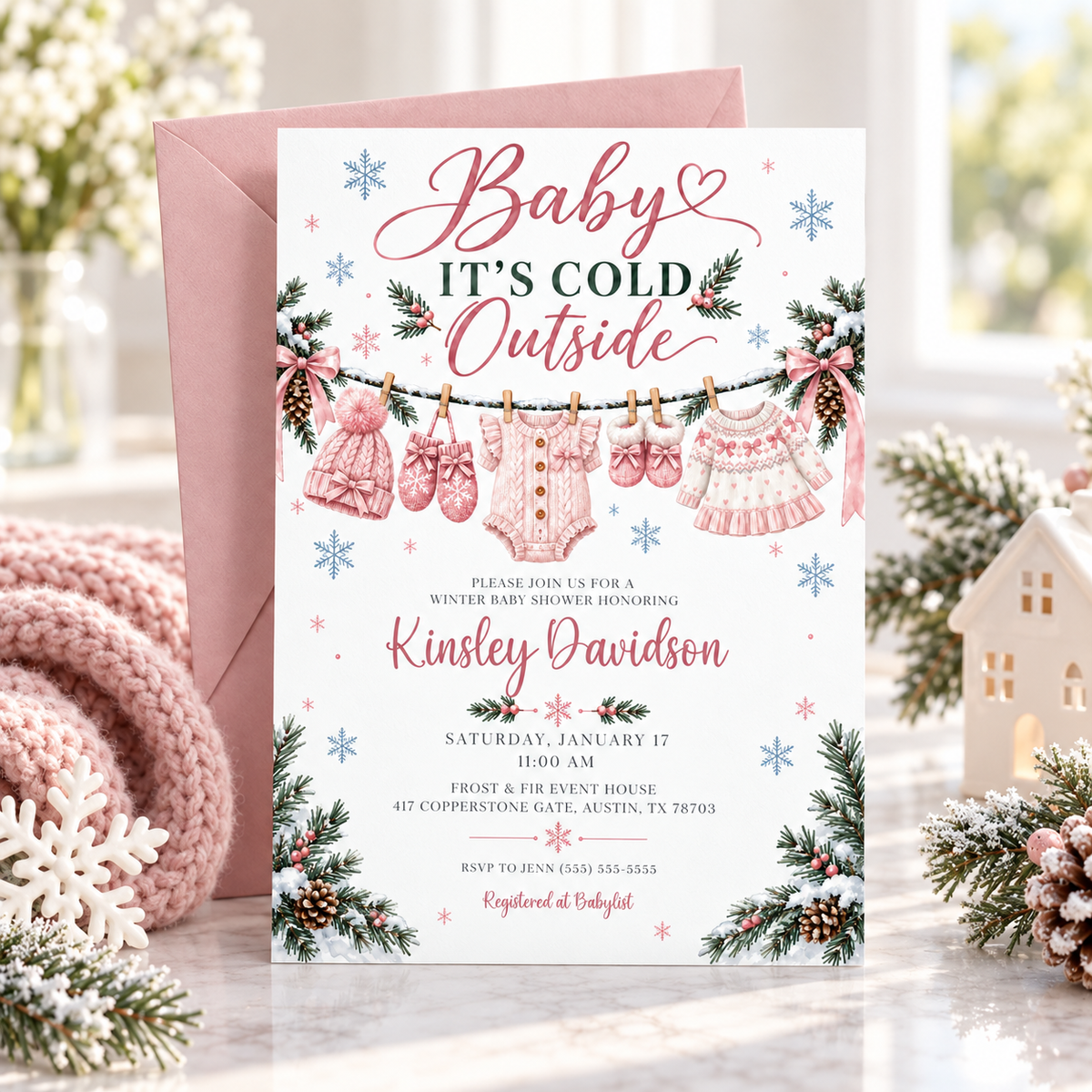 Baby It’s Cold Outside baby shower invitation with pink knit baby clothes, snowflakes, pink bows, pine branches, pinecones, and winter baby girl shower details