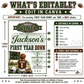 First Year Down first birthday invitation with little football player, scoreboard, helmet, football, and green brown football party details