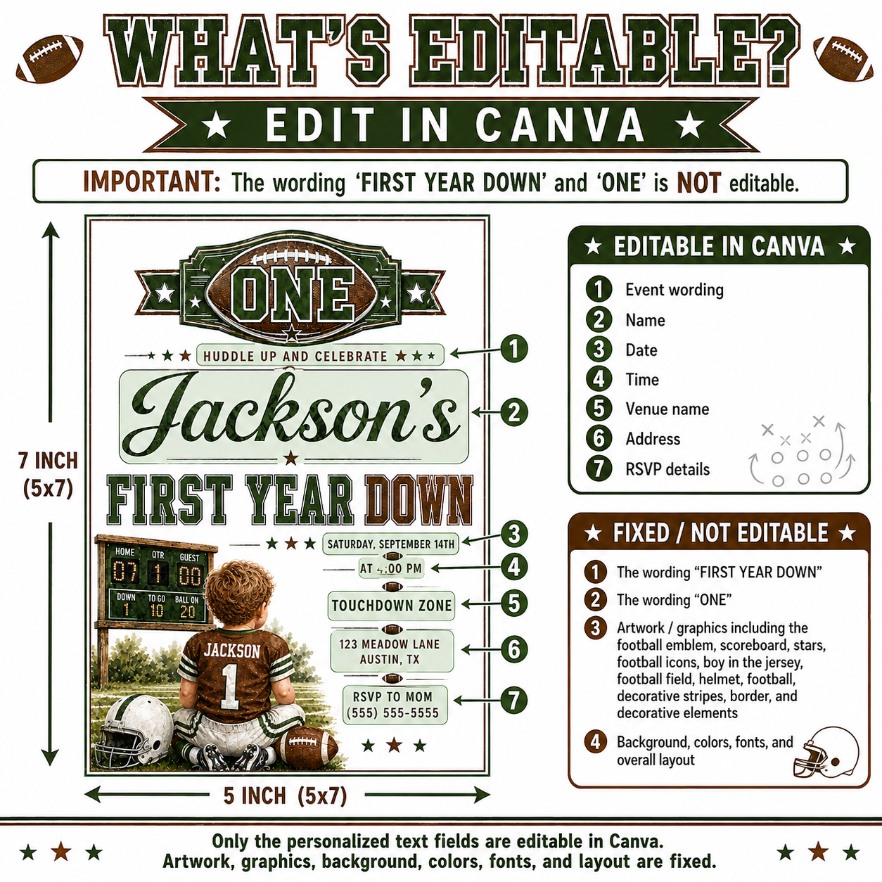 First Year Down first birthday invitation with little football player, scoreboard, helmet, football, and green brown football party details