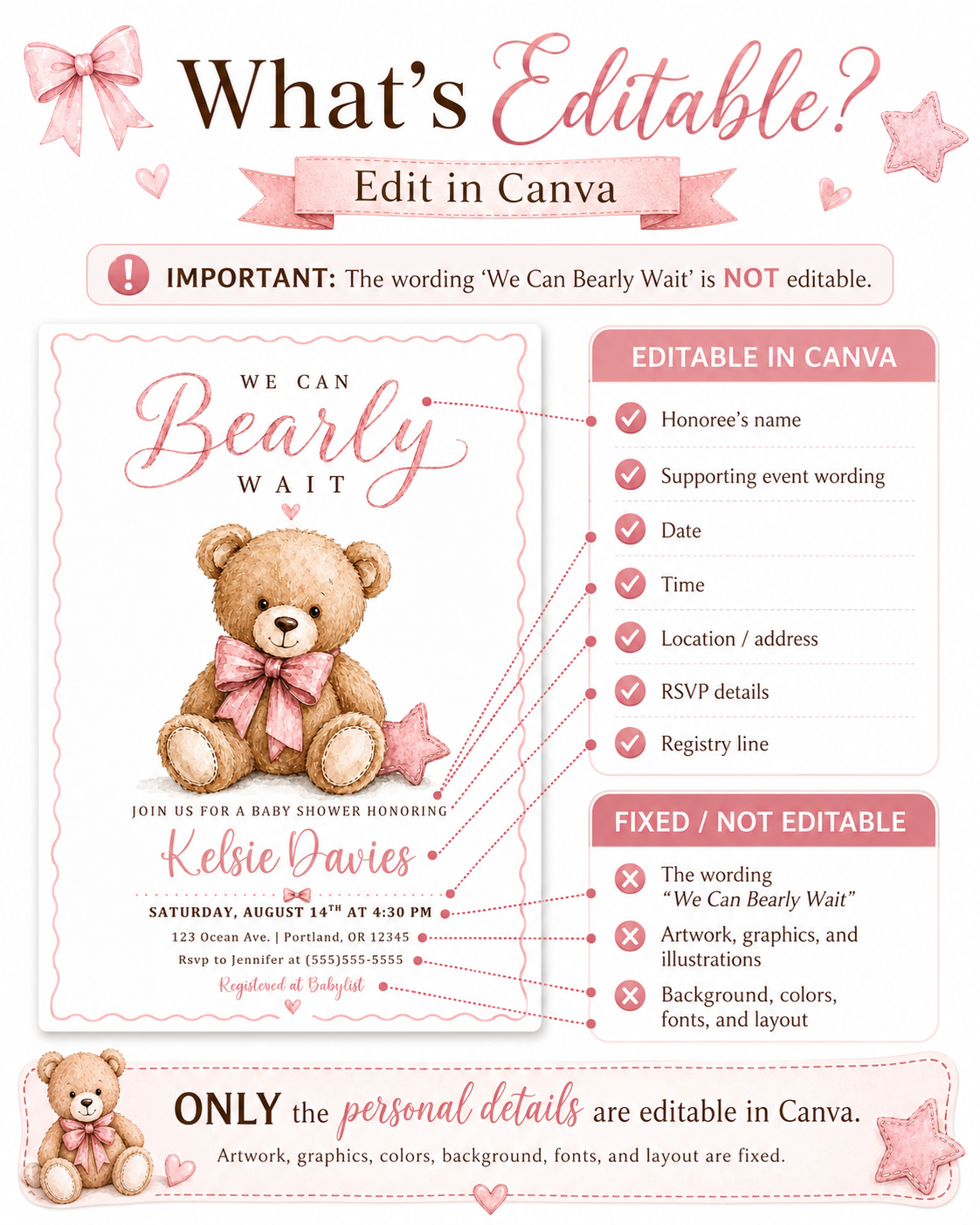 We can bearly wait baby shower invitation with watercolor teddy bear, pink bow, stitched star pillow, scalloped border, and soft pink baby girl details