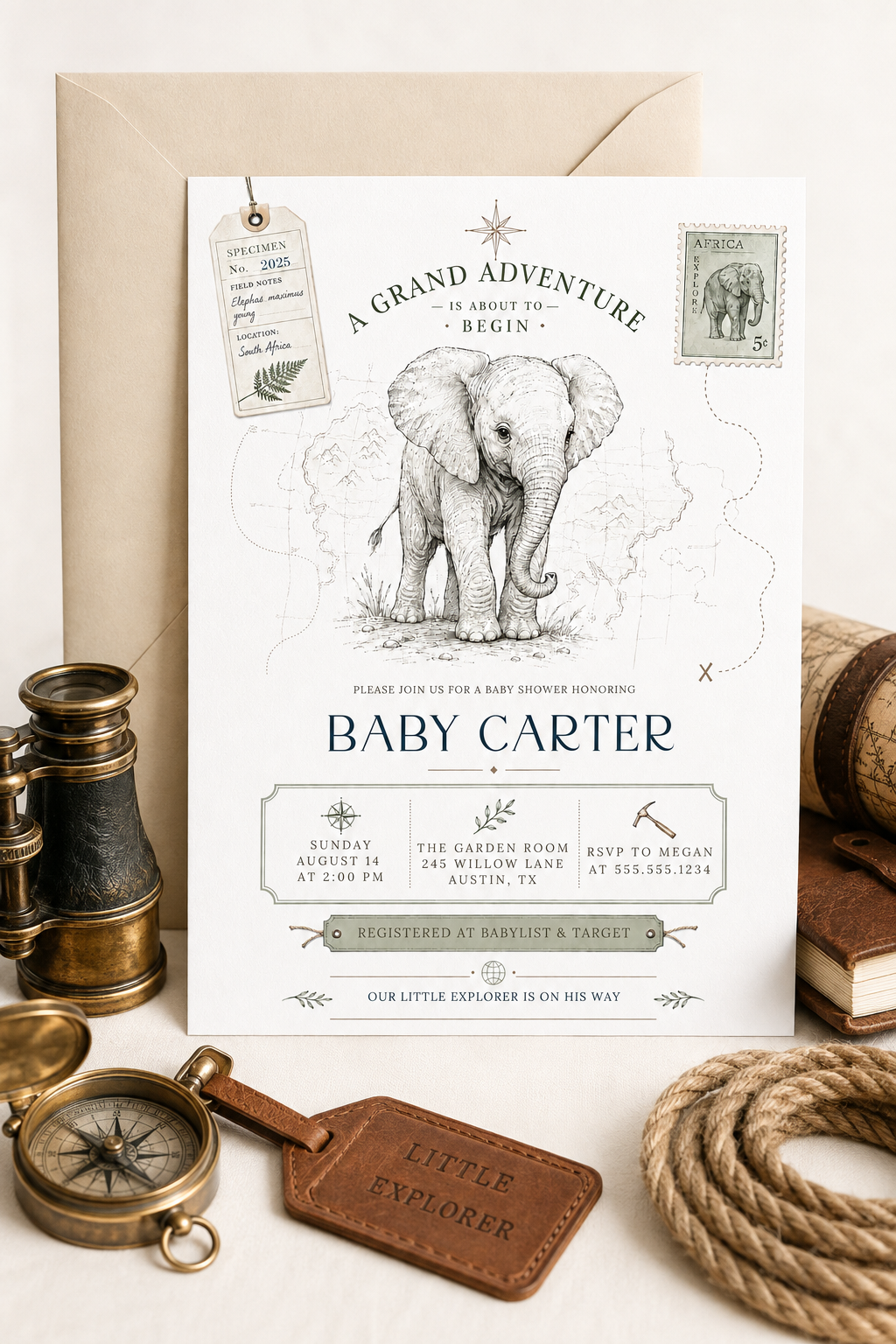 Grand adventure elephant baby shower invitation with baby elephant sketch, vintage binoculars, specimen tag, safari postage stamp, map details, and compass accents