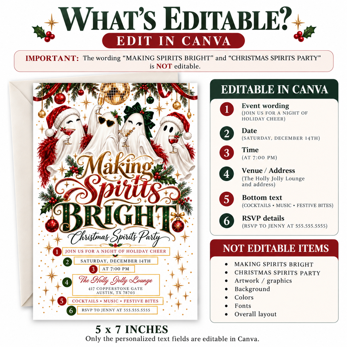 Christmas cocktail party invitation with four ghosts holding cocktails, Santa hats, a green bow, gold disco ball, and red and green Making Spirits Bright lettering