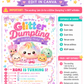 Glitter dumpling birthday invitation with kawaii dumplings, bubble tea, pastel confetti, bows, hearts, stars, rainbow lettering, and pink purple teal party details