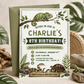 Reptile birthday invitation with chameleon, snake, frog, turtle, leafy greenery, and rustic animal encounter birthday party details
