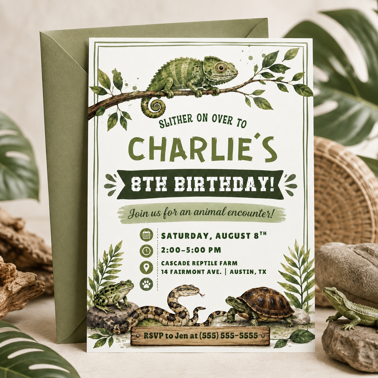 Reptile birthday invitation with chameleon, snake, frog, turtle, leafy greenery, and rustic animal encounter birthday party details