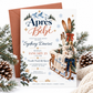 Après Bébé baby shower invitation with wooden skis, a rustic sled, knit baby hat and mittens, hot cocoa, snowy mountains, and evergreen branches