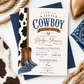 Editable cowboy baby shower invitation Canva template with cowhide side panel, leather cowboy boots, baby denim boots, bandana, horseshoe accent, and bold navy and brown distressed typography on a cream background
