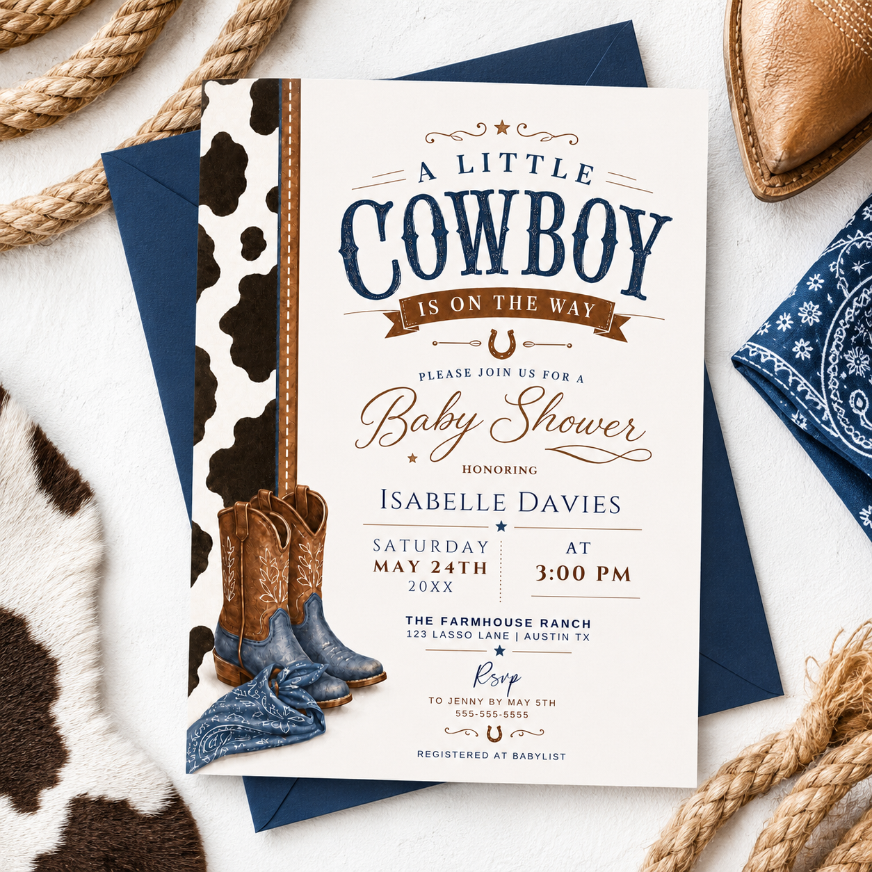 Editable cowboy baby shower invitation Canva template with cowhide side panel, leather cowboy boots, baby denim boots, bandana, horseshoe accent, and bold navy and brown distressed typography on a cream background
