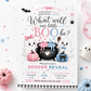 Halloween gender reveal invitation with cute ghosts, pink and blue pumpkins, bubbling cauldron, bats, spider, bows, stars, and pink blue little boo details