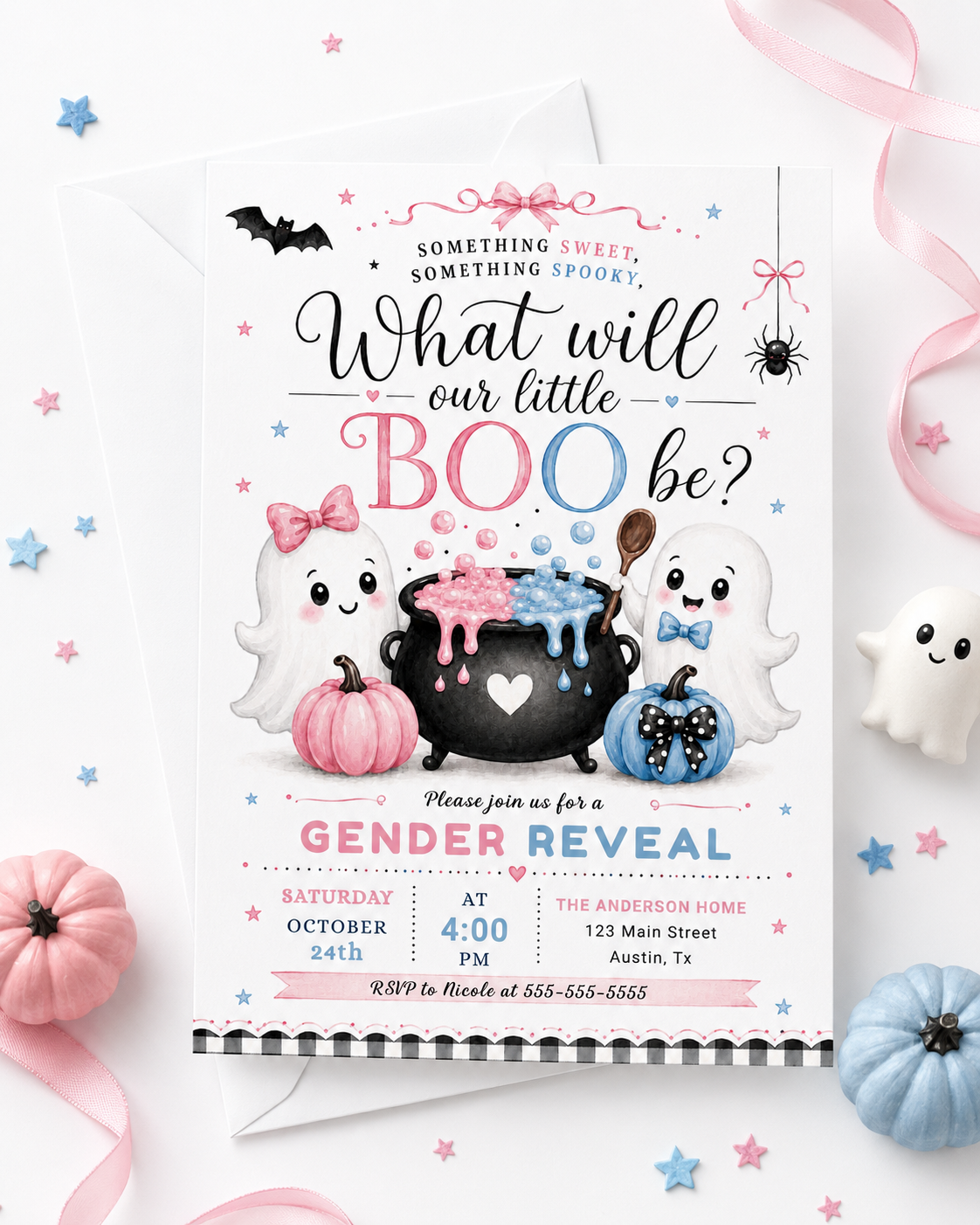 Halloween gender reveal invitation with cute ghosts, pink and blue pumpkins, bubbling cauldron, bats, spider, bows, stars, and pink blue little boo details
