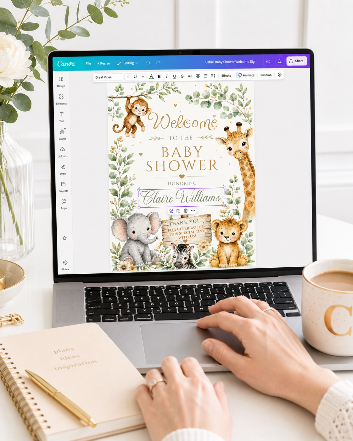 Editable safari baby shower welcome sign Canva template with watercolour monkey, giraffe, elephant, lion cub, and zebra surrounded by eucalyptus and tropical leaves with gold accents on a white background