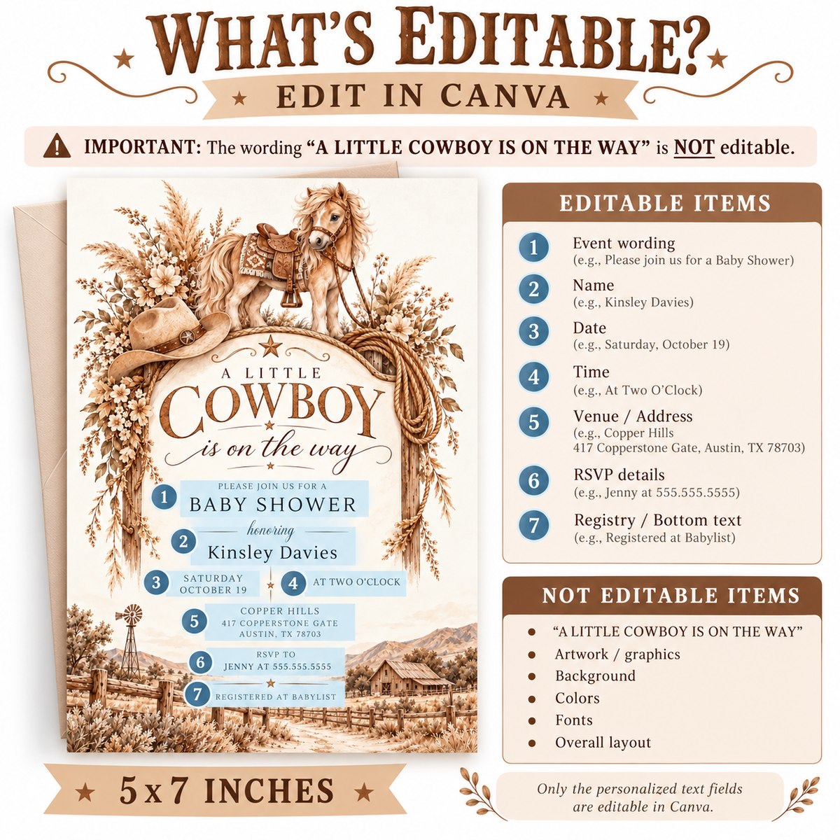Cowboy baby shower invitation with a saddled horse, cowboy hat, lasso, dried florals, and rustic ranch scene in brown and cream for a western baby boy shower
