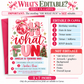 Christmas 1st birthday invitation with pink, red, and sage Oh What Fun lettering, a pink disco ornament, ribbon bows, Christmas lights, and a decorated tree