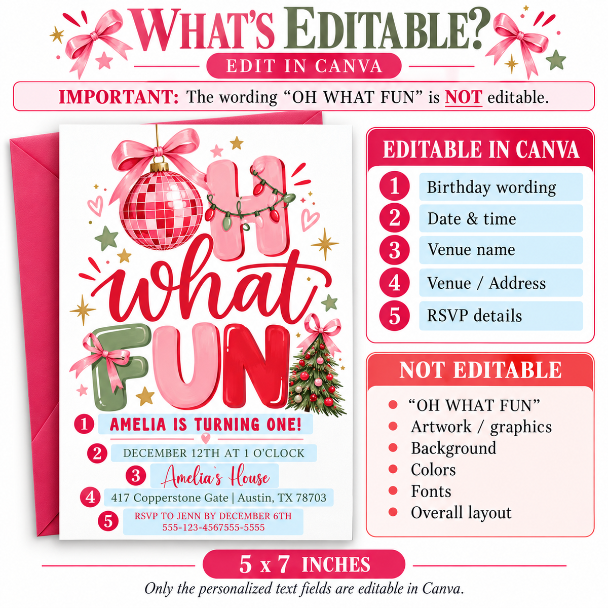 Christmas 1st birthday invitation with pink, red, and sage Oh What Fun lettering, a pink disco ornament, ribbon bows, Christmas lights, and a decorated tree