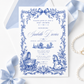 Blue toile baby shower invitation with royal blue floral border, bow, baby carriage, rocking horse, countryside scene, and elegant vintage details