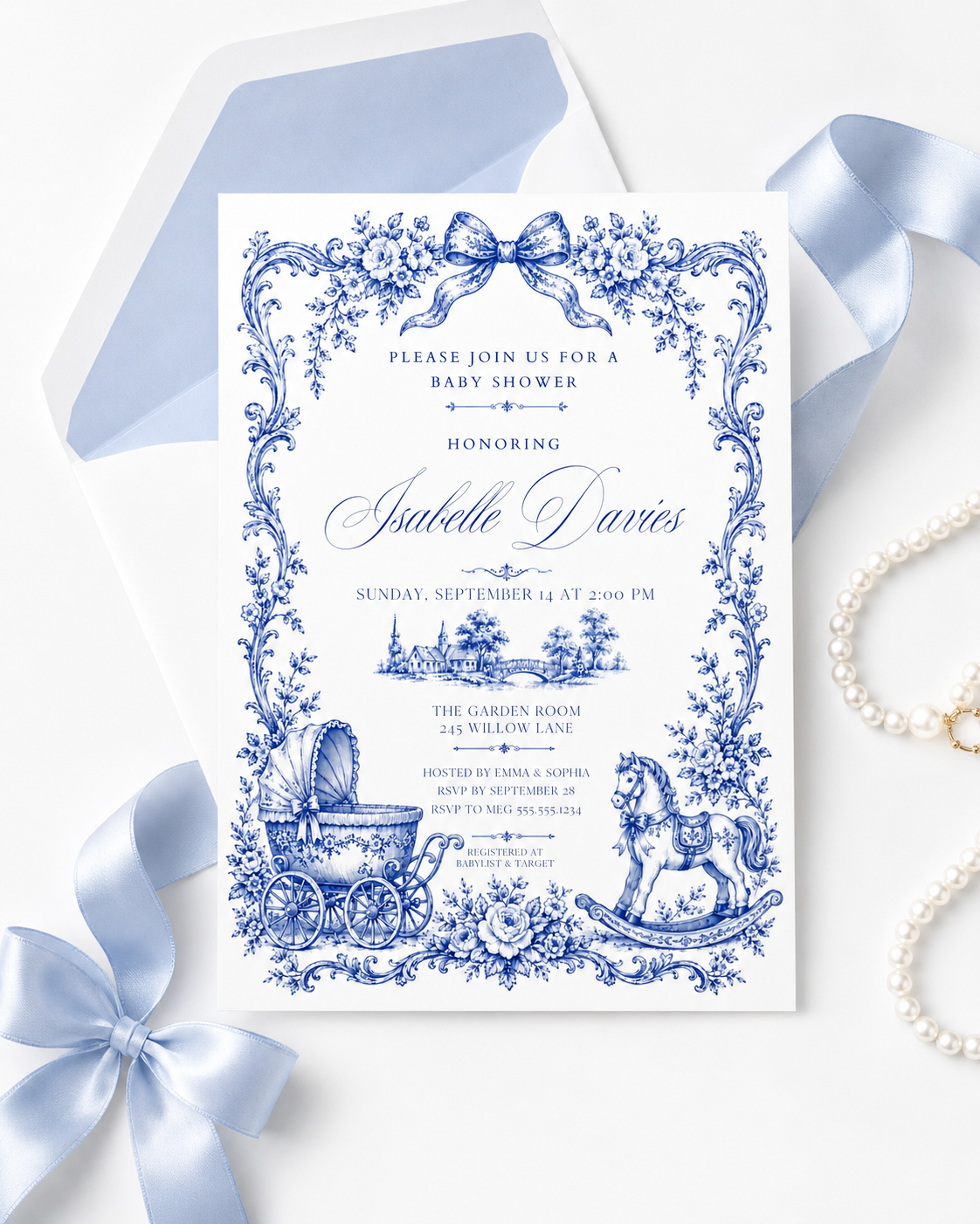 Blue toile baby shower invitation with royal blue floral border, bow, baby carriage, rocking horse, countryside scene, and elegant vintage details