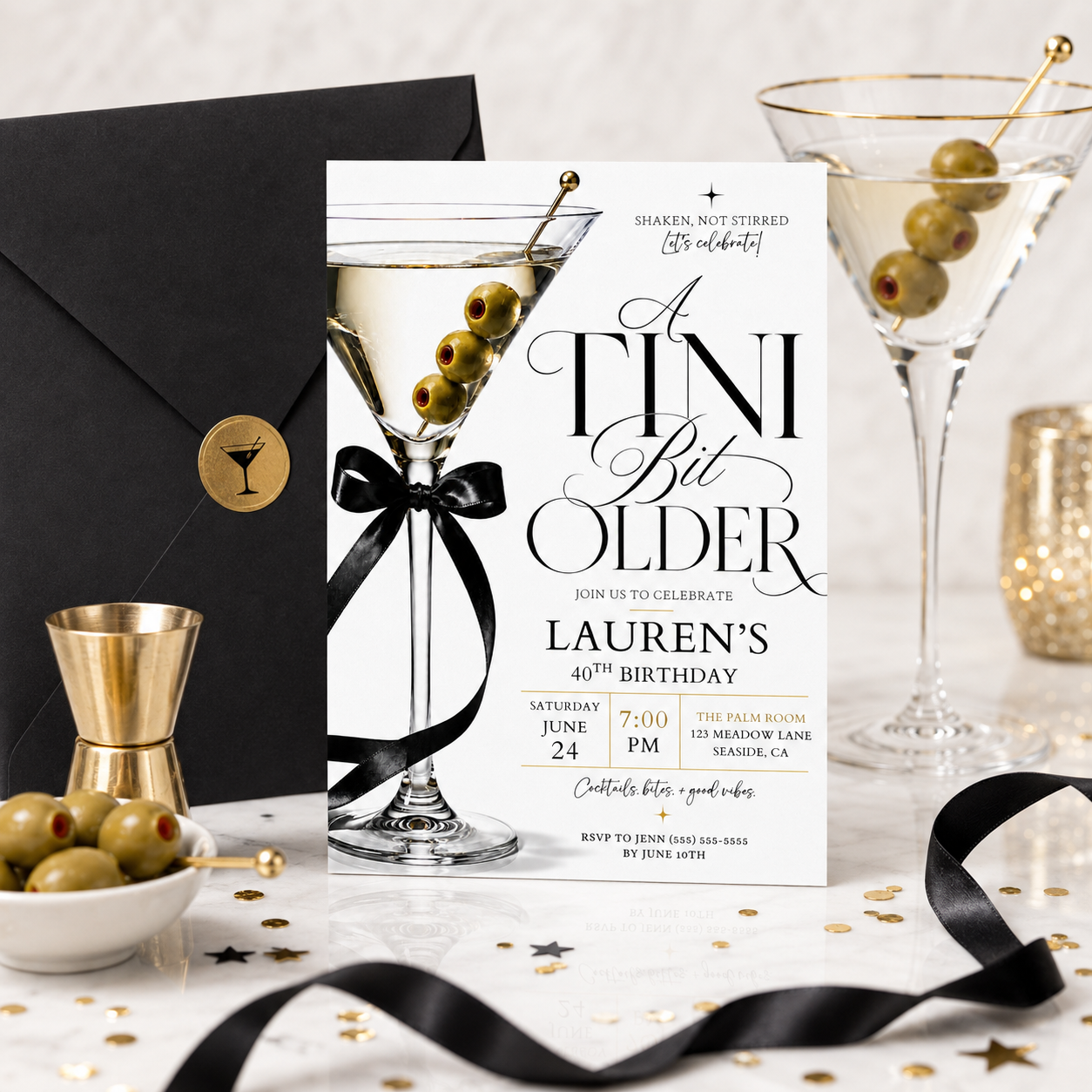 Martini 40th birthday invitation with elegant cocktail glass, olives, black satin bow, gold accents, minimalist white background, and chic milestone party details