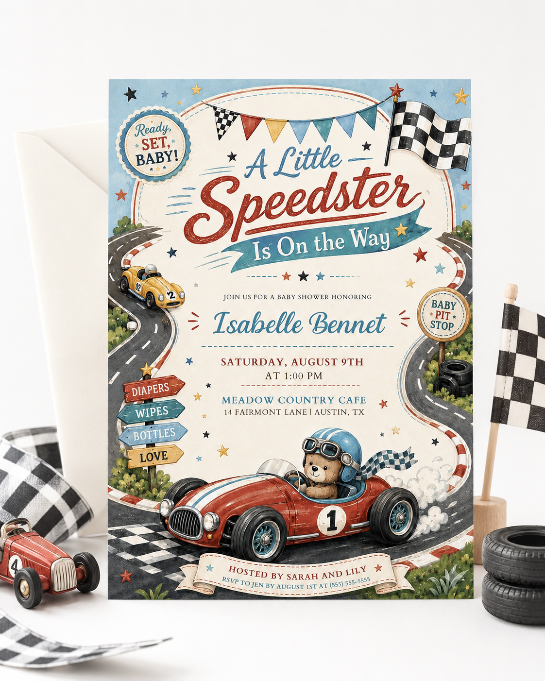 Race car baby shower invitation featuring a teddy bear driving a vintage race car, winding racetrack, checkered flag, stars and baby pit stop signs.
