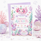 Axolotl birthday party invitation with pastel axolotls, coral, seashells, bubbles, starfish, pearls, ocean cake, and cute under the sea birthday details